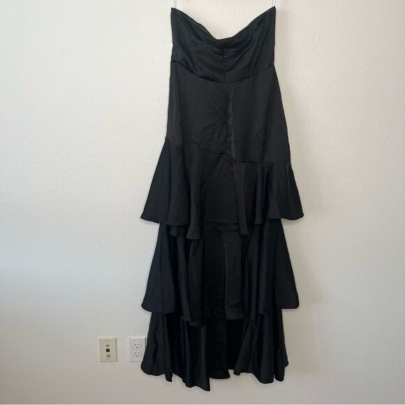 NWT Lulu’s Blissfully Beautiful Black Satin Strapless Tiered Maxi Dress Size XL - Picture 6 of 7